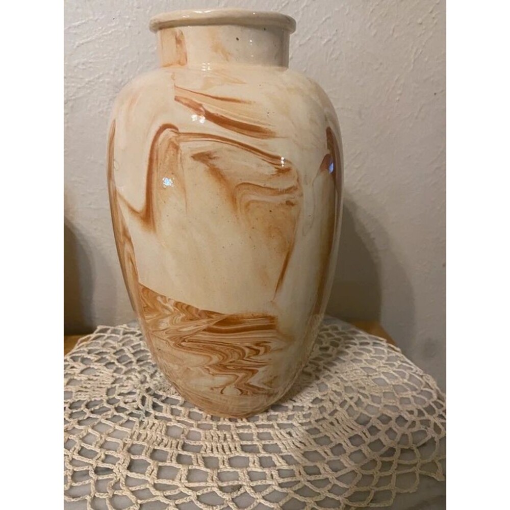 Large Vintage Mid-Century Glazed Marbled Swirl Pottery Vase - 9.5" Tall
